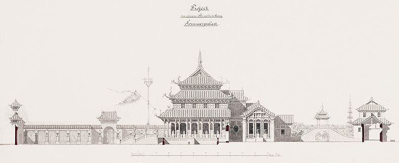 Bild: Chinesischer Sommerpalast, Federzeichnung von Julius Hofmann, 1886
